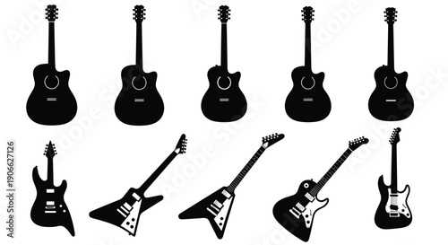 A collection of ten distinct black silhouette guitars, featuring both acoustic and various electric models, are neatly arranged in two rows on a plain white background, showcasing musical instruments.