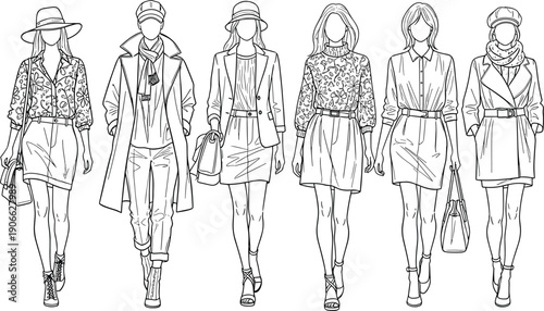 Collection of professional female fashion models silhouettes wearing stylish autumn outfits including coats skirts and hats in black line art