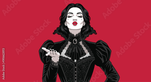 A captivating woman with dark hair and pale skin, adorned in a black Victorian-era lace gown with a high collar, is portrayed blowing a kiss towards the viewer against a vibrant red background.