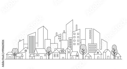 A clean and minimalistic outline drawing showcases a cityscape featuring various buildings of different heights and styles, alongside houses and trees, all presented against a plain white background.