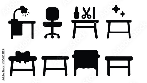 Furniture vector illustration set featuring various colorful chairs and desks