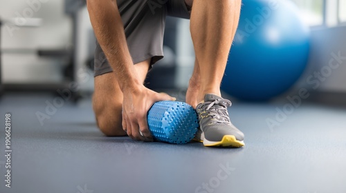 Foto Marathon runner dealing shin splints athletic trainer demonstrating foam rolling