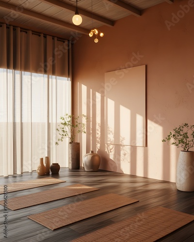 Yoga Studio with Bamboo Mats and Natural Light Patterns room interior