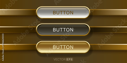 A set of three elegant web buttons with golden frames and varied glossy finishes.