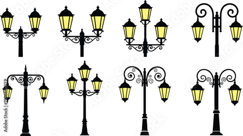 Elegant Vintage Street Lamp Designs with Ornate Detailing, Glowing Lanterns, Scrollwork, Finials, and Urban Inspiration