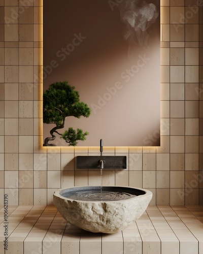 Zen Bathroom with Stone Sink and Bonsai Tree 