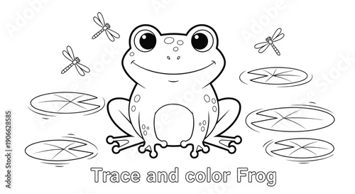 A charming black and white outline drawing featuring a happy cartoon frog sitting on lily pads in water, surrounded by three dragonflies, for coloring.