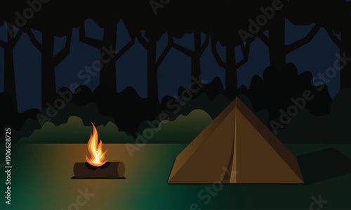 World Scout Day, vector illustration of a camping scene at night in the great outdoors