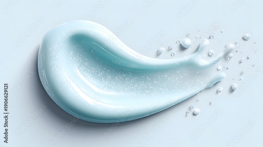 Fototapeta premium A visually appealing sample of light blue cosmetic gel or serum presented as a smooth glossy swirl with fine shimmering particles and scattered liquid droplets against a subtle pastel backdrop