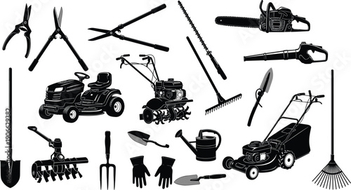 Professional collection of gardening tools silhouettes including lawn mower tractor chainsaw rake shovel shears and equipment for landscaping cad vector illustration