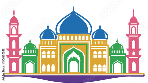 Mosque vector illustration with colorful domes and minarets on white background