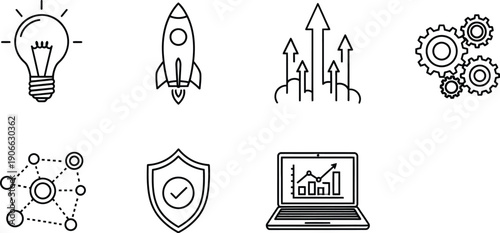 Business startup icons illustrating concepts like idea generation technology implementation data security growth trajectory and process mechanics
