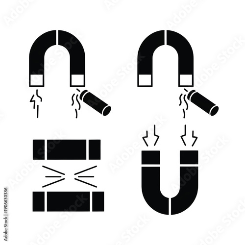 Illustrations of magnets and magnetic fields in various orientations and configurations depicted in simple black and white