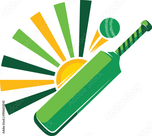 Vibrant green cricket bat striking a ball against a stylized rising sun graphic with radiating yellow and green light beams