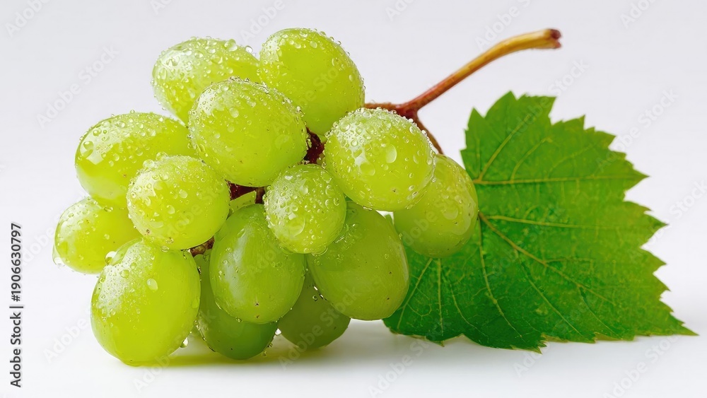 Naklejka premium A cluster of green grapes with dewdrops and a grape leaf. Concept Fresh Produce Photography, Dewy Grapes, Green Grapes, Close-up Fruit, Natural Leaf Textures
