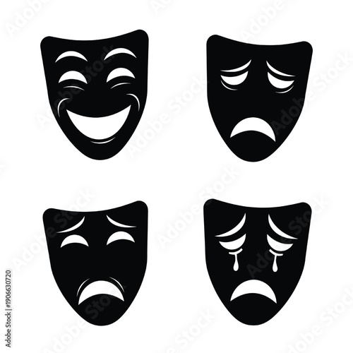 Theater masks representing different human emotions displayed in a set of illustrations