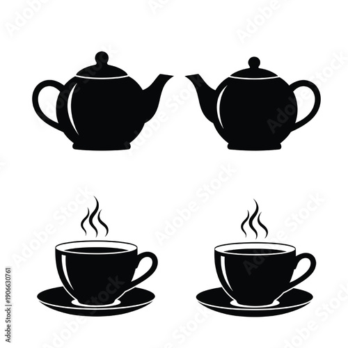 Silhouetted tea teapots and steaming cups on saucers against a clean background, a serene illustration of afternoon tea