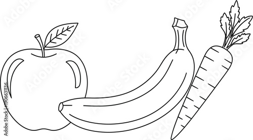 Simple black and white line art drawing featuring an apple a banana and a fresh carrot ideal for coloring pages.