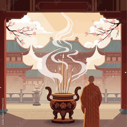 vector of Chinese incense ritual illustration