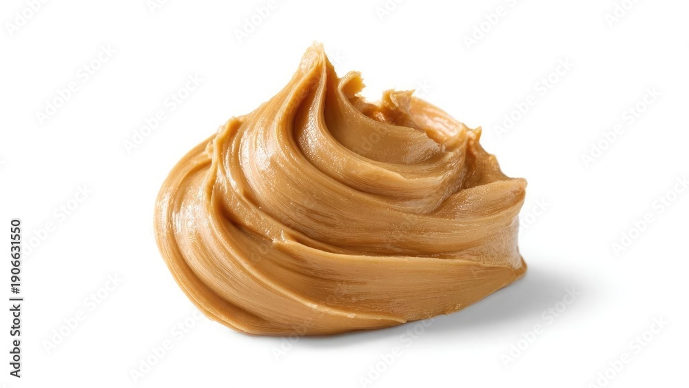 Fototapeta premium Creamy peanut butter swirled into a peak on a white background. Concept Peanut Butter, Food Photography, White Background, Creamy Texture, Swirl Art