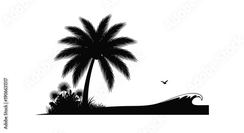 Silhouette of a tropical island scene with a palm tree and wave