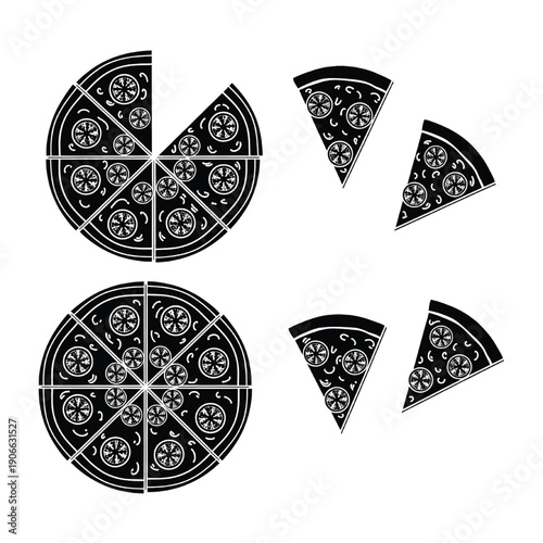 Illustration of assorted pizza elements, slices and whole pizzas on a plain background from a direct viewpoint