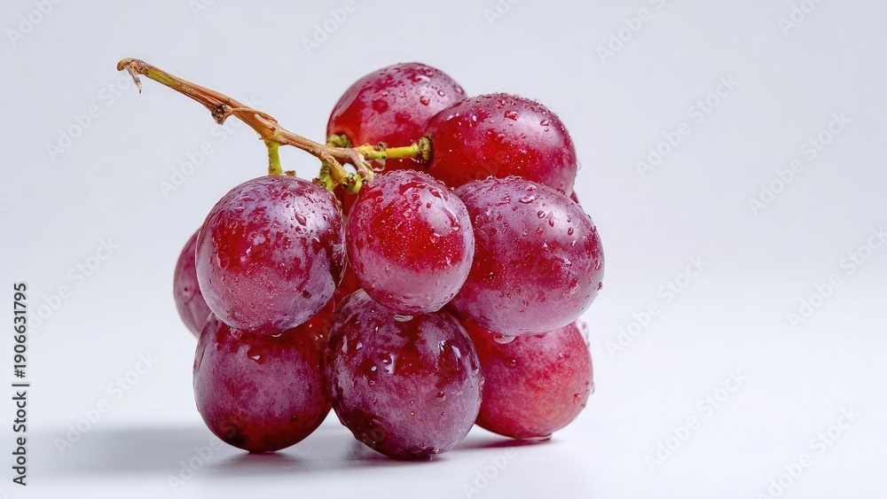 Naklejka premium A cluster of red grapes with water droplets on a light background. Concept Red grapes, Water droplets, Close-up fruit, Fresh produce, Light background