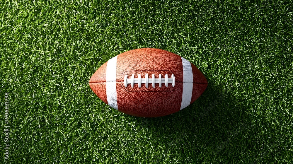 Obraz premium Overhead view of a brown American football with white stripes positioned on a textured green grass field symbolizing sports and competition