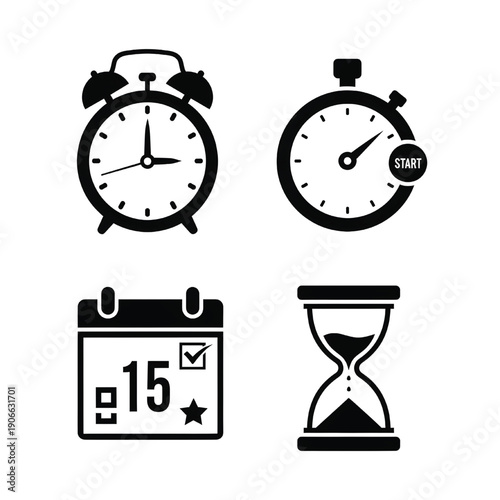 Set of monochrome timekeeping icons including alarm clock, stopwatch, calendar, and hourglass displayed together