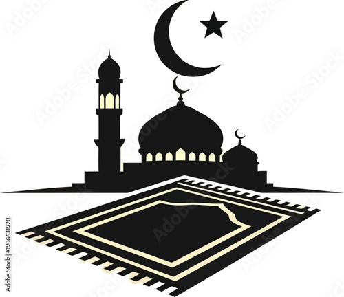 Fajr Prayer Silhouette: Mosque, Prayer Rug, and Crescent Moon