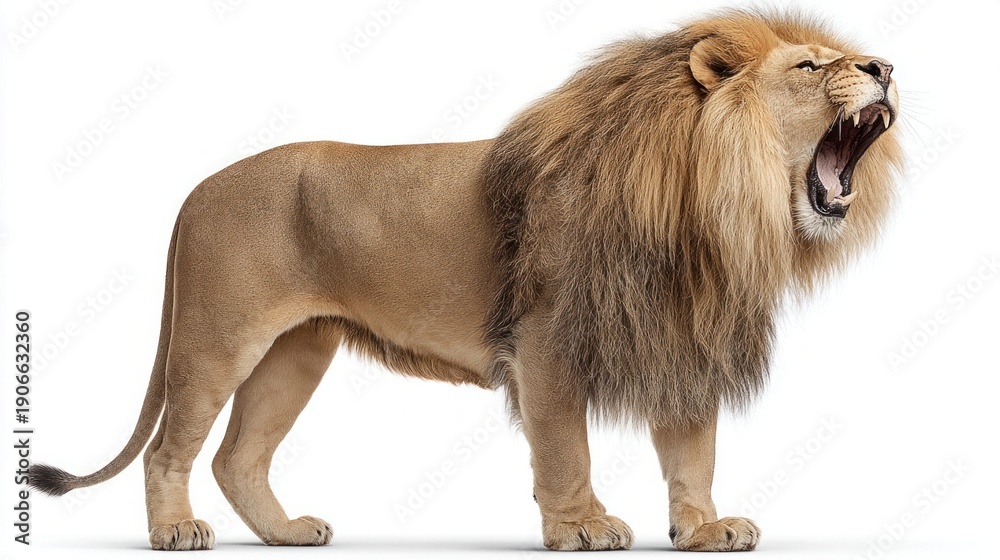 Obraz premium Majestic male lion roaring with mouth wide open, isolated on white background