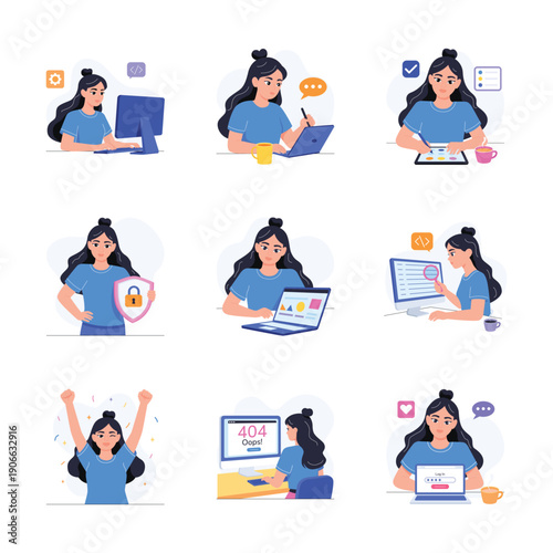 Here is a modern and trendy set of web development flat style illustrations