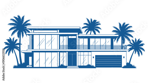 House vector illustration of a modern two-story building with palm trees