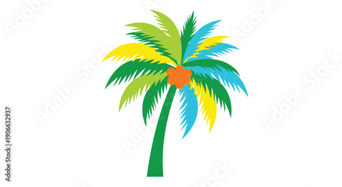 Colorful illustration of a tropical palm tree with vibrant fronds and coconuts