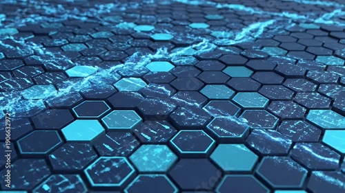 Blue glowing hexagonal pattern on dark futuristic digital surface