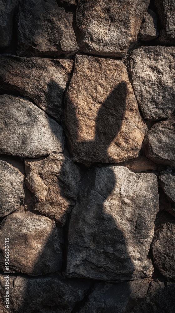 Fototapeta premium Stone texture wall with a shadow of bunny ears cast on it, mystery teaser background