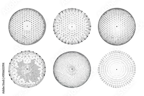 Six circular patterns resembling golf balls against a black background