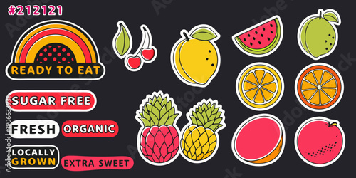 Colorful fruit and rainbow stickers with health focused labels