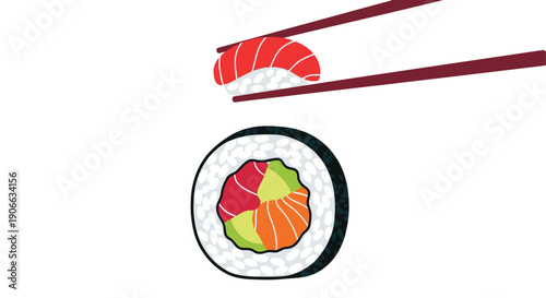 Two pieces of sushi nigiri and maki presented with chopsticks