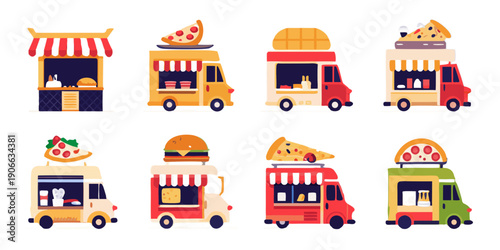 Colorful illustration of various food trucks and street food vendors