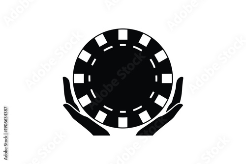 Poker chip held by human hands silhouette representing casino gambling entertainment and betting risk concepts icon