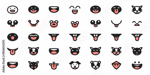 Collection of minimalist black and red cartoon face icons with varying expressions