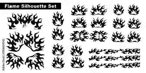 Collection of stylized black flame graphics arranged in a grid pattern