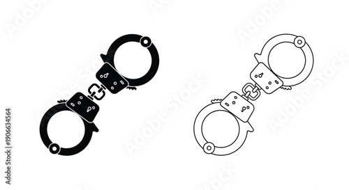 Black and white illustration of two pairs of handcuffs open and closed