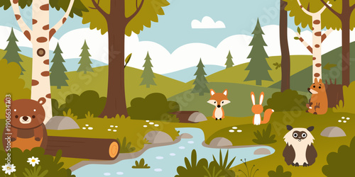 A playful forest scene with animals a bear fox deer and owl
