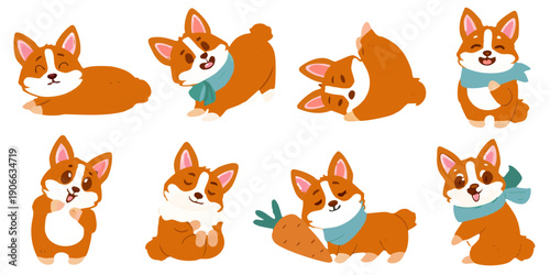 Stylized corgi dogs in various poses against a black background