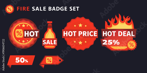 A collection of vibrant fire sale badges and promotional price labels