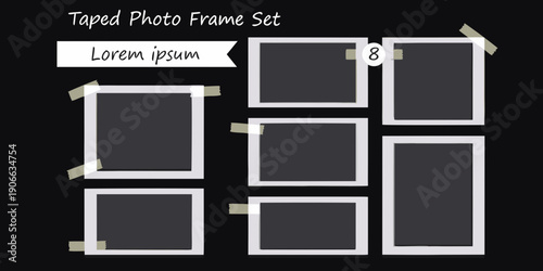 A set of eight rectangular photo frames taped to a dark background