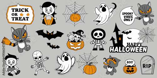 Colorful halloween stickers featuring ghosts cats pumpkins and spooky lettering