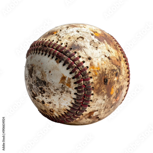 A close-up view of a worn and dirty baseball, showing its stitches against a black background